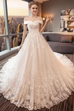 Gorgeous Off The Shoulder Lace Cathedral Train Wedding Dresses Princess Bridal STKPT58L82L