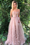 Pink Strapless A Line Sleeveless Flower Appliques Floor Length Prom Dresses