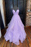 Lilac Spaghetti Straps Shiny A-Line Formal Evening Dresses Long Prom Dresses