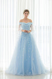 Gorgeous Tulle Off the Shoulder Blue With Lace Appliuqes Prom Dresses