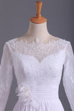 2024 Bateau 3/4 Length Sleeve A Line Wedding Dresses Chiffon With Applique & Handmade PDMZEK1M