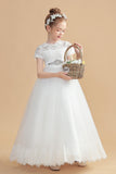 Tulle Short Sleeves Ivory Flower Girl Dresses With Beading