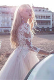 Tulle Scoop Neckline Pink A-line Lace Appliques Long Sleeves Bowknot Wedding Dresses