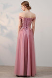 Chic A-Line Off-the-Shoulder Pink Appliques Lace-up Tulle Modest Long Prom Dresses