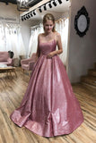 Unique A line Pink Sequins Spaghetti Straps Prom Dresses, Evening STK15678