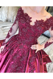 Prom Dress With Long Sleeves And Floral Embroidery Burgundy Colored Court STKPJ8SLMB9