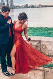 Sparkly V Neck A Line Red Spaghetti Straps Prom Dresses with Slit, Evening STK20447