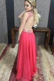 Chiffon V Neck Beaded Bodice Open Back A Line Prom