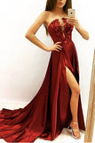 Elegant A line Strapless V Neck Burgundy Beads Prom Dresses with Slit, Party STK20412