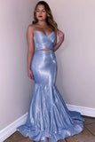 Glitter Spaghetti Straps V Neck Blue Mermaid V Neck Prom Dresses, Party STK20419