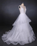 Elegant V-neck Tulle Open Back Wedding Dresses, Asymmetrical Long Bridal Dresses STK15217