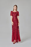 Elegant Mermaid Burgundy Tulle Prom Dresses Round Neck Long Evening Dresses STK15176