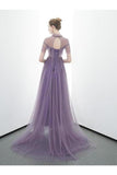 A-Line Tulle Long High Neck Prom Dresses With Ruffles Formal P54APS9X