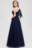 Simple A Line One Shoulder Navy Blue Tulle Prom Dresses Cheap Formal Dresses STK15382