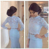 Baby Blue Lace Two Pieces Mermaid Long Sleeve Sexy Prom Dress Dresses for Prom