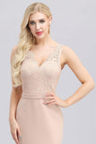 Elegant V-Neck Floral Lace Pink Evening Dress Satin Prom Dresses STK15216