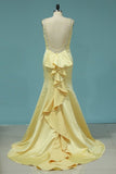 2024 New Arrival Mermaid Boat Neck Prom Dresses Satin With Beads P61RLJ5Y