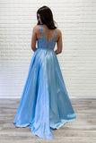 Flowy A-line V Neck Lace Long Prom Dresses Blue Satin Open Back Evening Party Dresses STK15229