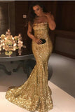 Sexy Mermaid Sequins Strapless Long Evening Dresses, Simple Prom SRS15665