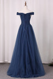 2024 Tulle A Line Off The Shoulder Prom Dresses Ruffled PPSE3X7F