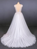 A Line Straps V Neck Lace Appliques Tulle Wedding Dresses Long Wedding Gowns STK15034