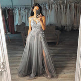 Chic Grey A Line V Neck Long Appliques Tulle Prom Dresses with Side Slit, Formal Dresses STK15131