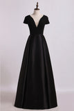 2024 Open Back V-Neck Short Sleeve A-Line Satin Evening Dress Black Bodice P2KGBHTC