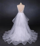 Elegant V-neck Tulle Open Back Wedding Dresses, Asymmetrical Long Bridal Dresses STK15217