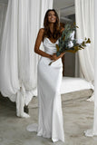 Elegant Mermaid Cowl Neckline White Simple Wedding Dresses, Spaghetti Straps Bridal Dress STK15177