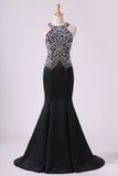 2024 Black Scoop Mermaid Beaded Bodice Open Back Prom Dresses Satin Floor P6Z636X8