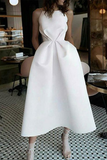 A-Line Tea-Length White Prom Dress with Pockets