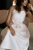 A-Line Tea-Length White Prom Dress with Pockets