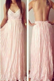 Sexy Backless V-Neck Spaghetti Straps Lace Prom Dresses Chiffon Blush Pink Prom Dresses