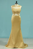 2024 Mermaid Prom Dresses Scoop Satin With Applique PS72SMJT