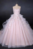 Ball Gown Strapless Sweetheart Wedding Dresses with Lace Applique, Tulle Prom Dresses STK15070