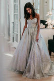 Sparkly Sweetheart Silver Long Prom Dresses Sequins Beads Formal Dresses STK15432