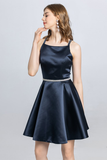 A-Line Spaghetti Strap Sleeveless Open Back Satin Homecoming Dress