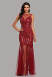 See Through Burgundy Mermaid Bateau Prom Dresses with Beading Tulle Party Dresses STK15324