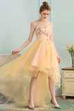 A-Line Sweetheart High Low Yellow Stretch Satin Homecoming Dress with Appliques