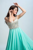 2024 V Neck Prom Dresses A Line Beaded Bodice Sweep Train Chiffon P922HM5L