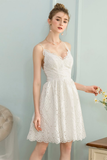 A-Line V-Neck Sleeveless Short White Lace Homecoming Dress