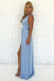 A-Line V Neck Criss Cross Light Blue Chiffon Long Prom Dresses with Split, Formal Dresses STK15053