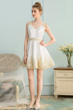 A-Line V-Neck Appliques Short White Satin Homecoming Dress