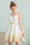 A-Line V-Neck Appliques Short White Satin Homecoming Dress