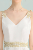 A-Line V-Neck Appliques Short White Satin Homecoming Dress