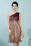 Glitter Omber Gold One Shoulder Short Sequines Pleats Homecoming Dress