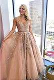 Charming A Line V Neck Beads Tulle Prom Dresses with Appliques, Floor Length Formal Dresses STK15092