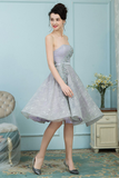 A-Line Strapless Grey Lace Homecoming Dress Ball Gown with Rhinestones