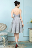 A-Line Strapless Grey Lace Homecoming Dress Ball Gown with Rhinestones