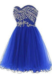 Cheap Blue Sweetheart Cute A-line Tulle Beading Short Mini Homecoming Dresses